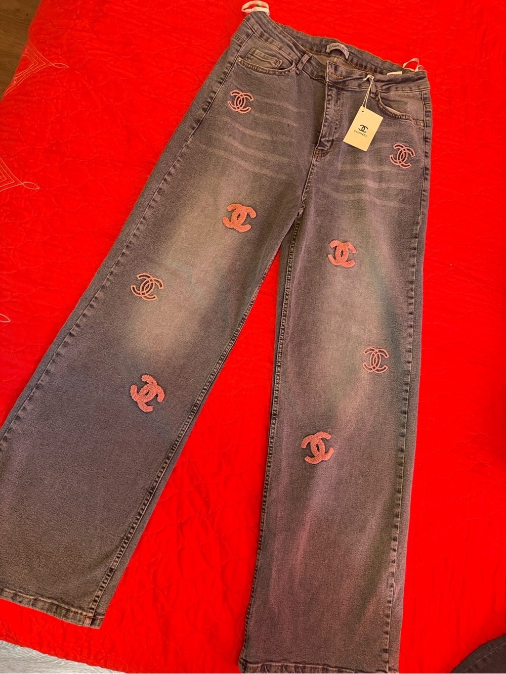 CHANEL Washed Black Wide Leg Jeans with Pink CC Embroidery
